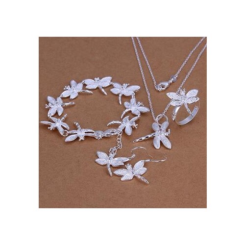 S328 N925 Selling silver color jewelry set, fashion jewelry set Dragonfly Ring Drop Earrings Bracelet Necklace