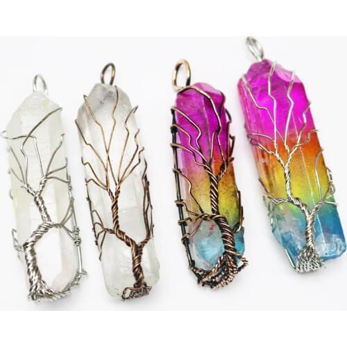 7 Chakra Crystal Natural Rainbow Stone Quartz Tree Life Pendant for Women Men Pendulum Reiki Healing Chakra Jewelry Making