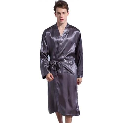 Summer Satin Robe Kimono Gown Men Casual Loose Bath Gown Sleepwear Nightgown Summer Gray Nightwear Home Clothes Negligee XL 2XL