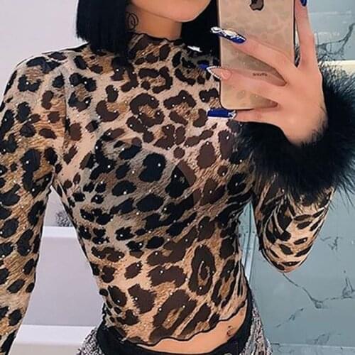 Hot Sexy Women Mesh Sheer Pullover T Shirt Leopard Print O Neck Long Sleeve Plush Cuffs Slim Crop Top Streetwear Casual Tees New