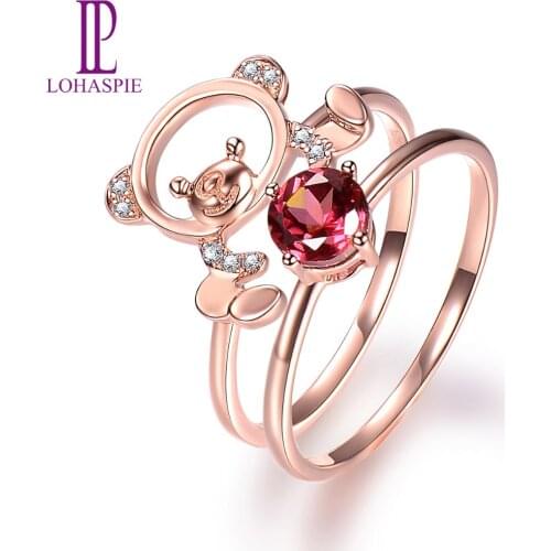 Lohaspie Diamond-Jewelry Natural Gemstone Rhodolite Garnet 18K Rose Gold Wedding Engagement Bear Ring Sets Fine Fashion Jewelry