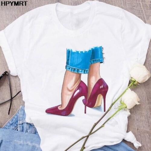 Fashion High heels printed T-shirt casual Harajuku white Tshirt short sleeve T shirt Female graphic Top Tee Clothing Streetwear
