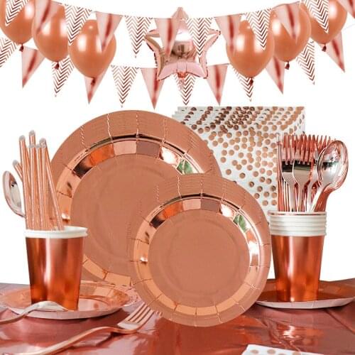 Party Tableware Bronzing Rose Gold Disposable Tableware Set Paper Cup Paper Plate Tablecloth Birthday Party Decoration