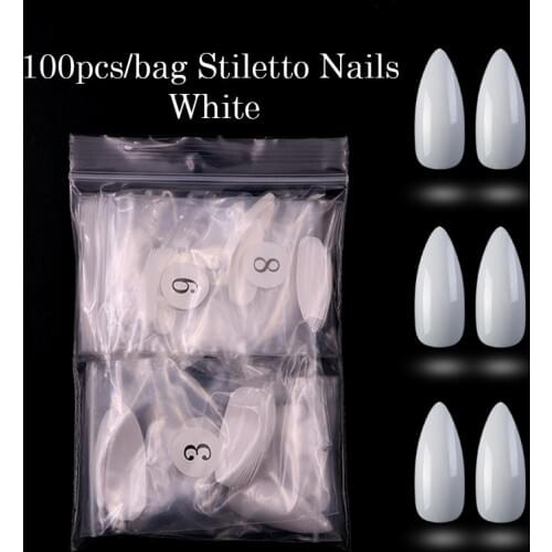 100pcs/opp White/Natural/Clear Nail Tips Long Stiletto Nails Fake Full Cover Flase Nails Artificial Press on Nails for Women DIY