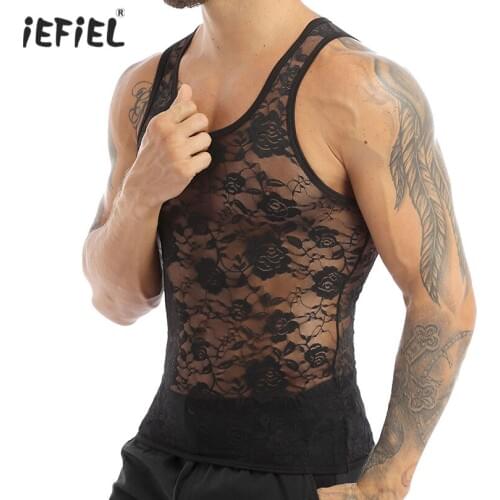 Sexy Mens Sissy Stretchy Floral Lace Muscle Fitted Gym T-Shirt Undershirt Tank Top Music Festivals Party Rave Outfit Casual Wear