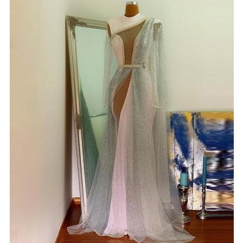 Sparkling Sequins Pageant Dresses With Tulle See Through Beaded Mermaid Prom Dress Long Sleeve Evening Dress Plus Size