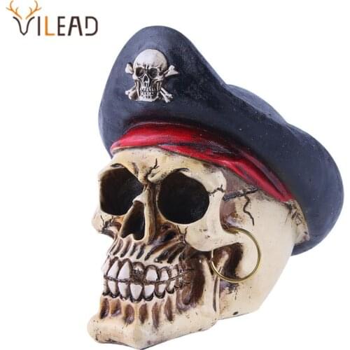 VILEAD Pirate Captain Skull Head Halloween Horror Party Decor Skull Statue Movie Props Art Painting Skull Ornament Home Decor