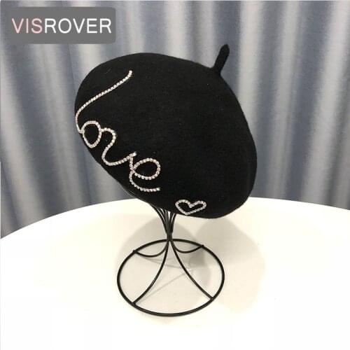 VISROVER winter Wool beret with crystal female wool cap winter autumn winter hat solid color top quality Women Boina wholesales