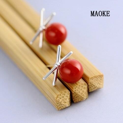 Promotions S925 Sterling SV Temperament X-shaped Sweet Cute Earrings Red Ball Fashion Jewelry for Womens Fashion Gifts