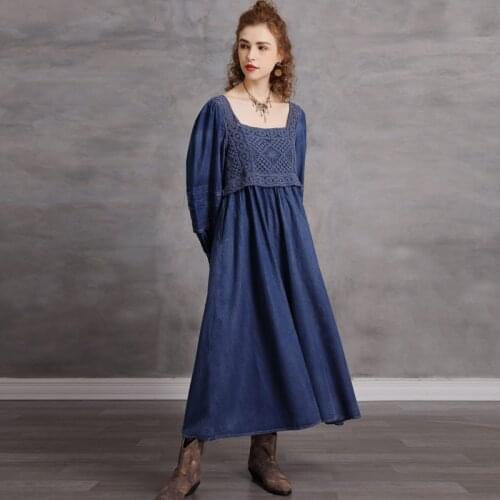 Johnature Women Vintage Hollow Out Dresses Fake Two Piece Set Lantern Sleeve Denim Cotton 2021 Spring New Blue Loose Dresses