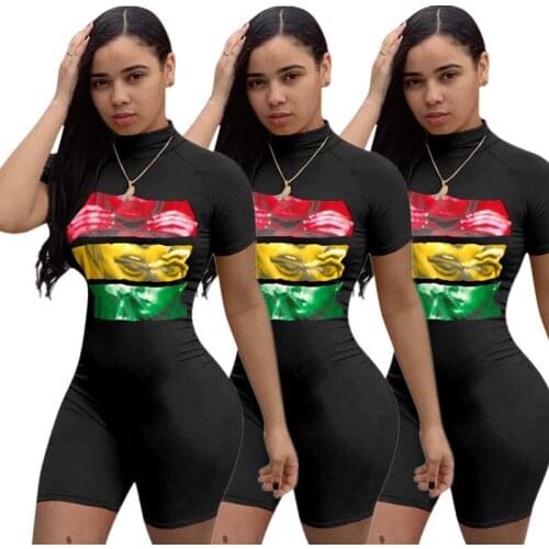 Adogirl Women Offset Printed Black Jumpsuit Casual Short Sleeve Turtleneck Romper Womens Clothing Sports Bodycon Playsuit