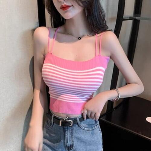Pink Vest Top Stripes Bandeau Knit Sexy Crop Top For Women Summer 2021 Cyber Y2k Tank Top Spaghetti Strap Top