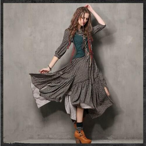 Free Shiping 2021 Vintage Floral Print Women Faux Twinset Design Long Maxi 3/4 Sleeve Autumn Gorgeous Knight Irregular Dresses