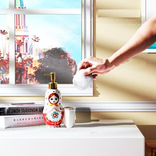 2VS1 Ceramic Art Love Heart Cute Russia Girl Doll Hotel Bath Bathroom Lotion Soap Perfume Gel Shampoo Dispenser Pump Bottle Ball