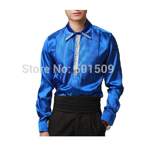 Free shipping sequins beading royal blue collar prince stage medieval mens tuxedo shirts party/event shirts