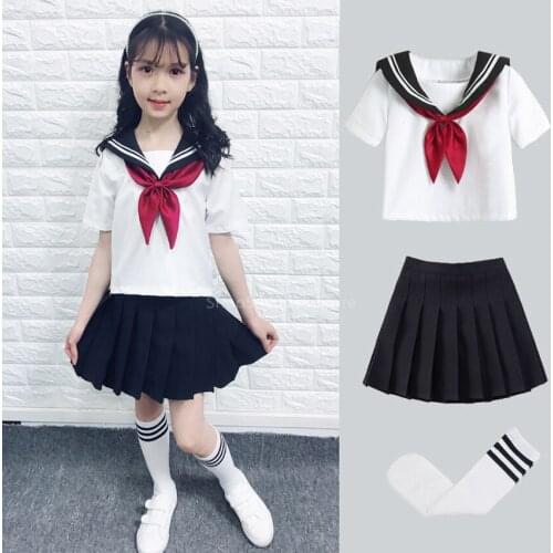 Kid JK Sailor Dress 4PCS Girl Japanese Korean Orthodox School Uniform Pleated Skirt Navy Long Short Sleeve Kawaii Suit Anime COS
