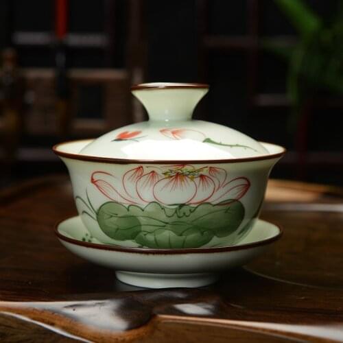 [GRANDNESS] Hand Painted Celadon Gaiwan Kung Fu Gaiwan Porcelain Gaiwan Jingdezhen 150ml Gaiwan Tea Set Kung Fu Teapot