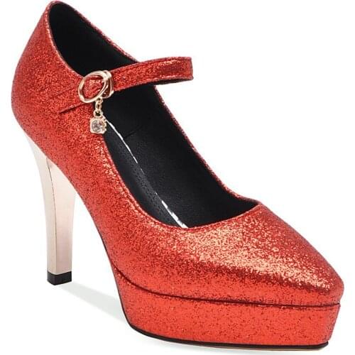 Fashion wedding shoe female 2019 new high with waterproof 33-43 one word shallow mouth pointed single shoe buckle