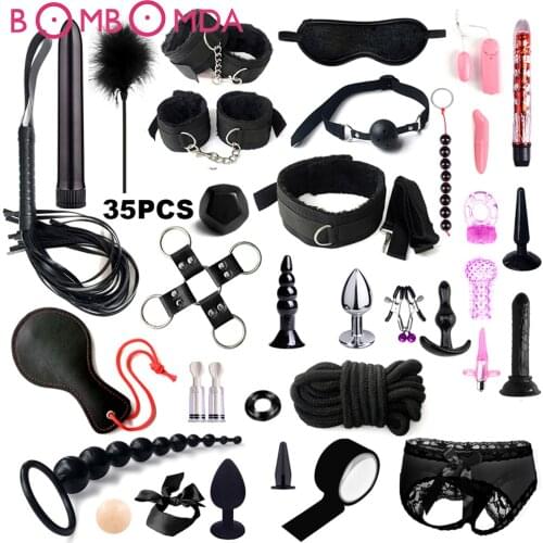 Exotic Bed Bondage Set BDSM Kits Exotic Sex Toys For Adults Games Leather Handcuffs Whip Gag Nipple Clamps Women Sex Products