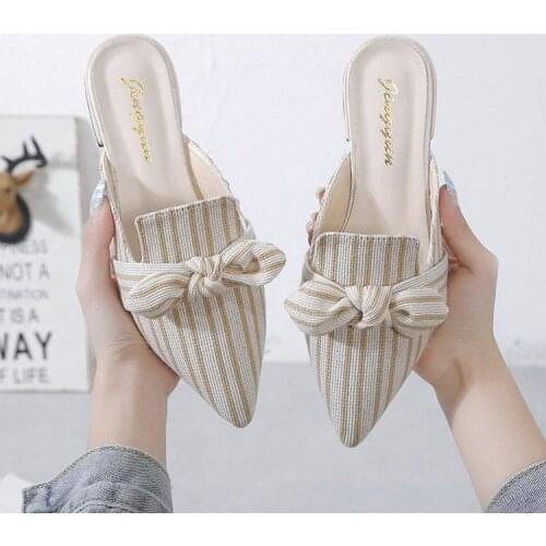 2021 New Womens Cool Cotton Stripe Bow Fashionable, Non Slip, Breathable, Retro Pointed Personality All-match Size 35-40