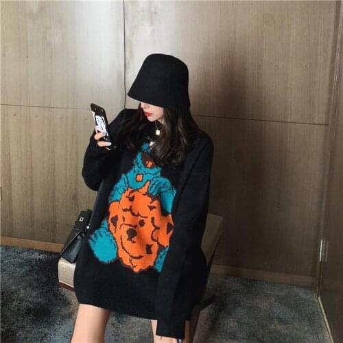 2021 Autumn and Winter New Ins Set Head Korean Version Lazy Wind Cartoon Top In The Long Knitted Thick Sweater Girl Tide