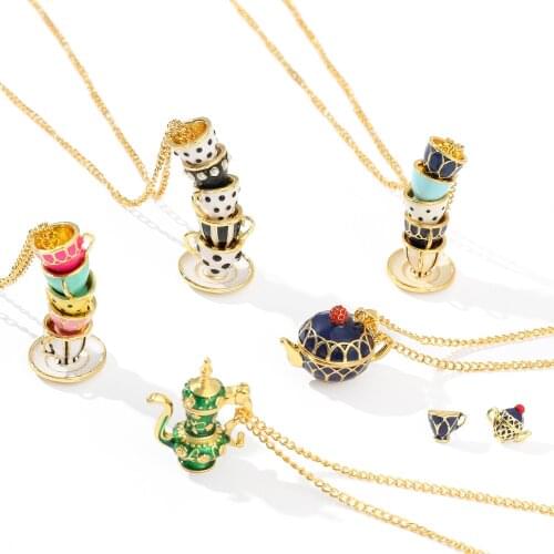 2019 New Hot Blue Teapot Necklace Set Can Open Tea Pot Cup Necklace Elegant Teapot Necklace Charm Creative Jewelry Women Gift