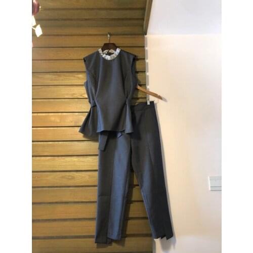 Office 9.18 Lady Fashion Set Women 2021 New Ruffles Stand Collar Back Lace-up Bow Vest Tank Top OR Straight Pants