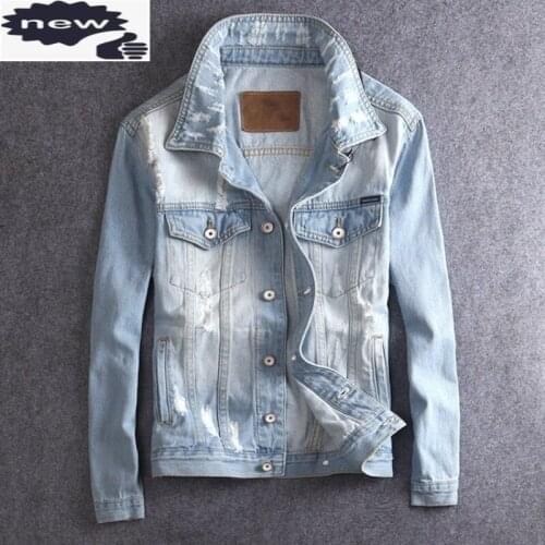 Autumn Winter Mens Vintage Hole Ripped Korean Denim Jackets Slim Fit Light Blue Single Breasted Plus Size Casual Cowboy Coats