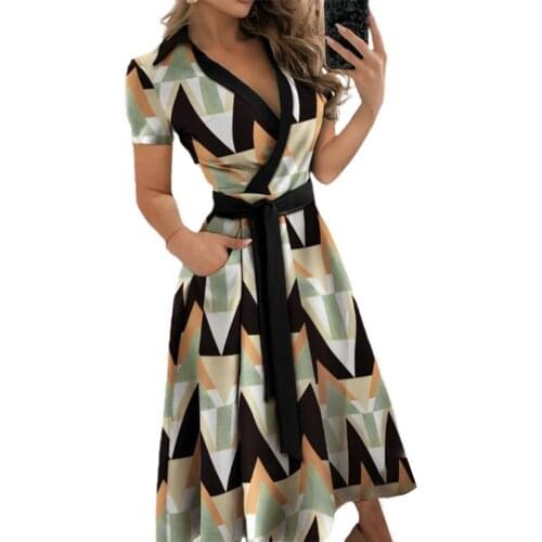Women Long Dresses Elegant Floral Print Casual Short Sleeve A-Line Party Dress Office Lady Sexy V-Neck Dress платья для женщин