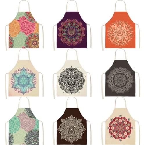 Colorful Mandala Printed Aprons for Woman Home Cooking Baking Coffee Shop Cotton Linen Cleaning Accessories