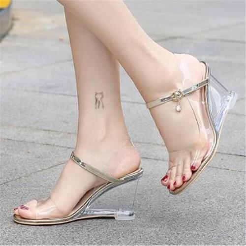 Fashion Summer Womens Transparent PVC Open Toed Jelly Sandals Sexy Crystal Wedge High heel Gladiator Sandals Sandalias Mujer