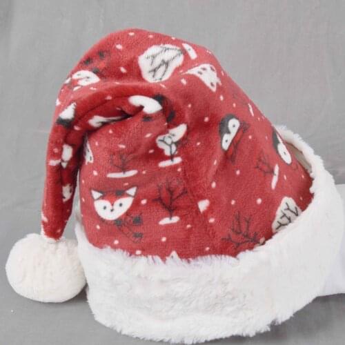2pcs printed polar fleece Santa Hat Christmas Santa Hat with White plush Christmas Hat for Adults and kids