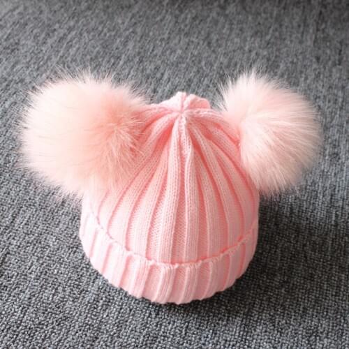 Earflap cap childrens winter infant newborn baby kids faux fur wool hat beanie with two double pom pom for boys and girl