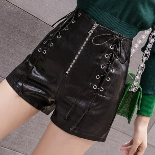 High waist wash PU leather shorts fashion black front zipper straight shorts personality lace up nightclub faux leather shorts