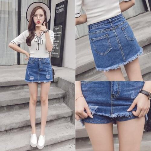 Shorts Women Spring And Summer High Waist Raw Hem Ripped Skirt Short Denim Culotte Womens Anti-Exposure A-Line Skort Ropa Mujer