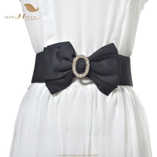 SISHION Vintage Wide elastic belt dress accessories SP0241 womens white red black wide waist rhinestone belt large bow