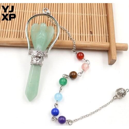 YJXP Natural Stone 7 Chakra Chain Reiki Healing Green Aventurine Carved Angel Hexagon Prism Pendulum Pendant Charms Jewelry Gift