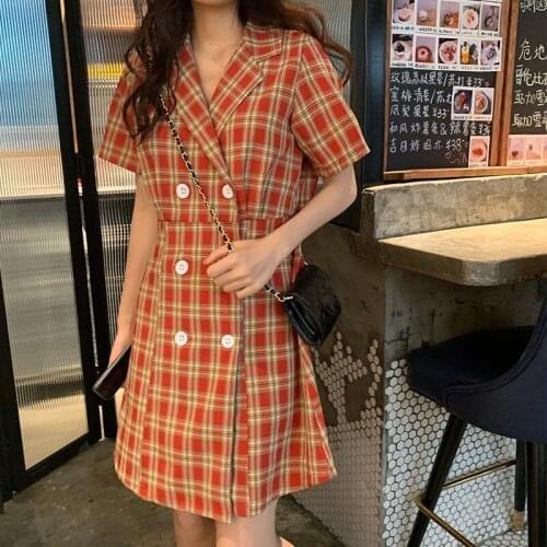 Luck A Womens Retro Plaid Suits Dress Female Notched Long Sleeve Plaid Blazer Dress Casual Long Office Mini Dress