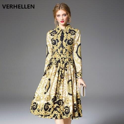 VERHELLEN High Quality Fashion Designer Runway Dress 2019 Autumn Womens Long Sleeve Baroque Floral Print Elegant Pleated Dress