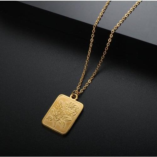 ZMFashion Elegant Carving Square Coin Rose Flower Vintage Men Womens Necklace Clavicle Chain Stainless Steel Aesthetic Jewelry