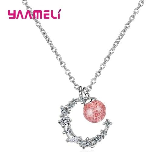 Romantic Cute 925 Sterling Silver Exquisite Cubic Zirconia Moon&Strawberry Crystal Beads Pendant Necklace Womens Wedding Jewelry