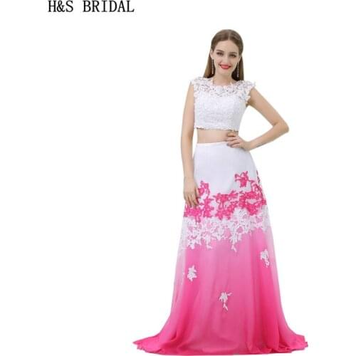 H&S BRIDAL Chiffon Two Pieces Evening Dress Lace Applique Cap Sleeves evening dresses long 2017 Backless Prom Dresses casamento