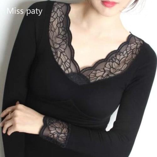 Winter velvet thick thermal lace t-shirt tops warm intimate underwear for women blouses long johns sexy lingerie seamless shape