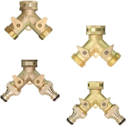 1PCS Brass 3/4 Inch Thread 2- Way Garden Tap Water Splitter Copper Y Irrigation Valve 5/8" Quick Connector Cranes Adapter