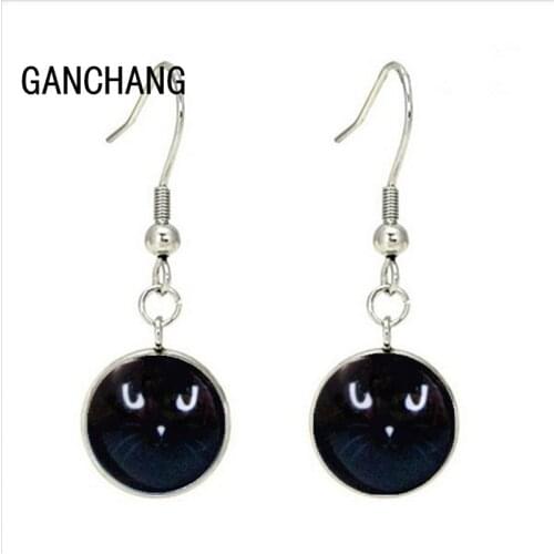 14mm black cat earrings, glass cabochon earrings, cute cat earrings