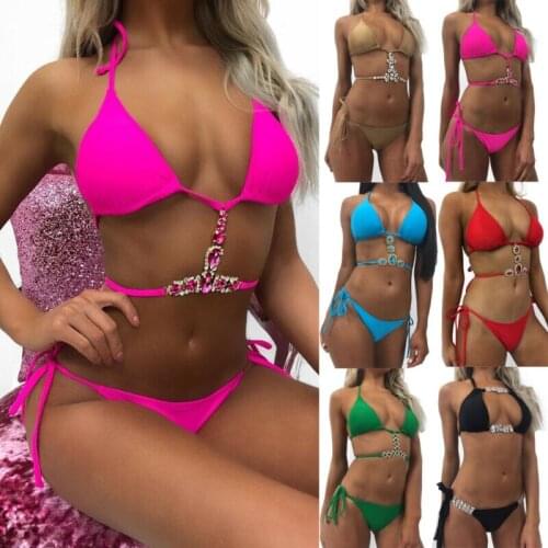 2019 Sexy Bikini Mujer Swimwear Women Sexy Halter String Shiny Bordered Bathing Suit Push Up Swimsuit Lace Up Twist Bikini Set