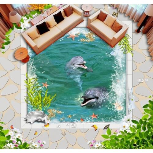 3d flooring White marble border dolphin pool 3d floor design pvc wallpaper 3d floor mural