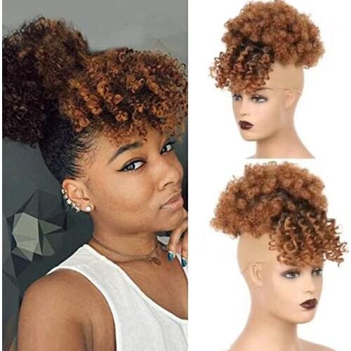 Afro Puff Drawstring Ponytail with Bangs for Black Women Afro High Puff Bun with Bangs Synthetic Pineapple Updo Hair