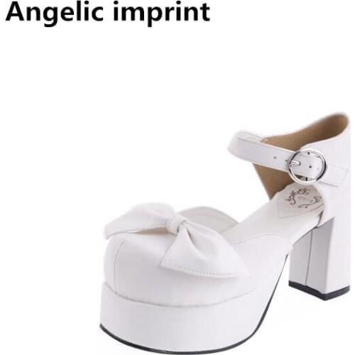 Angelic imprint woman mori girl lolita cosplay shoes lady high heels pumps women princess white dress party shoes 8cm 33-47 bows