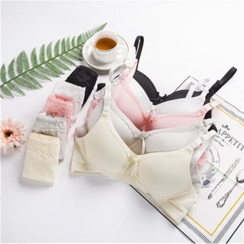 Young Girls Wirefree Bra Femme Panties And Bra Set Small Breast Push Up Bralette Cotton Grid Underwear Set